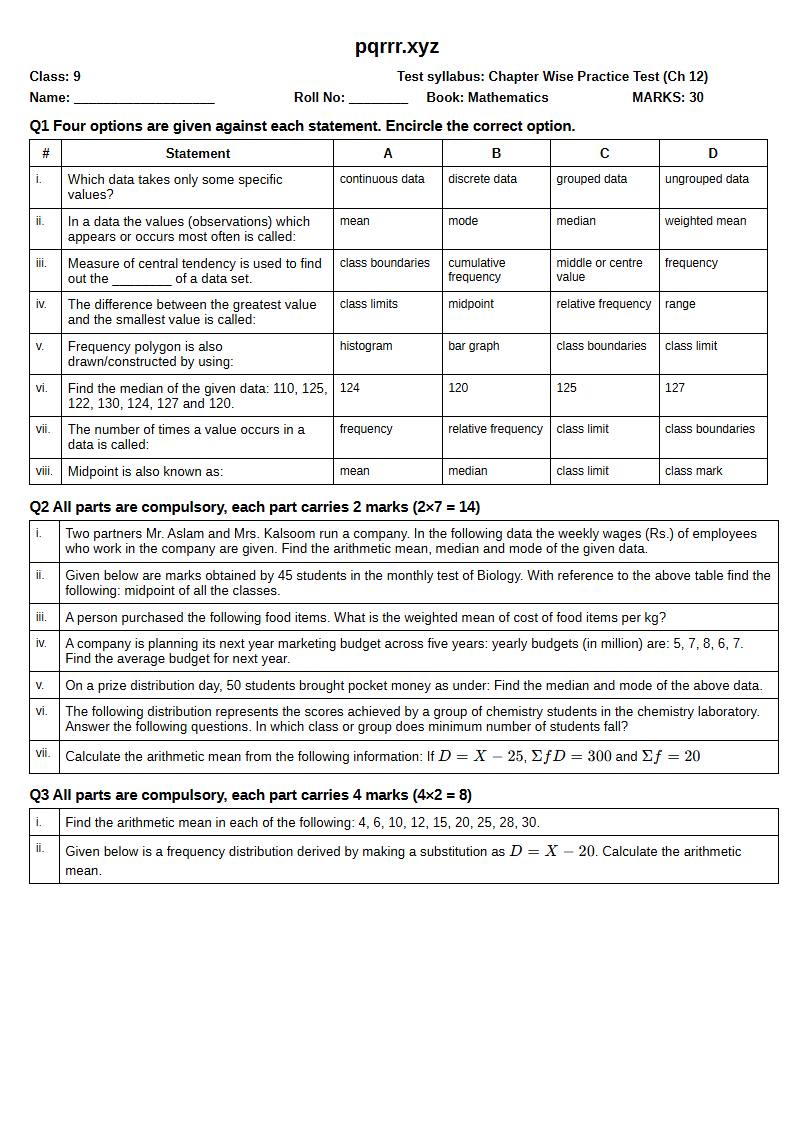 First page of 9th Mathematics – Chapter 12 – Information Handling – Chapter Wise Practice Test, 30 marks (English)