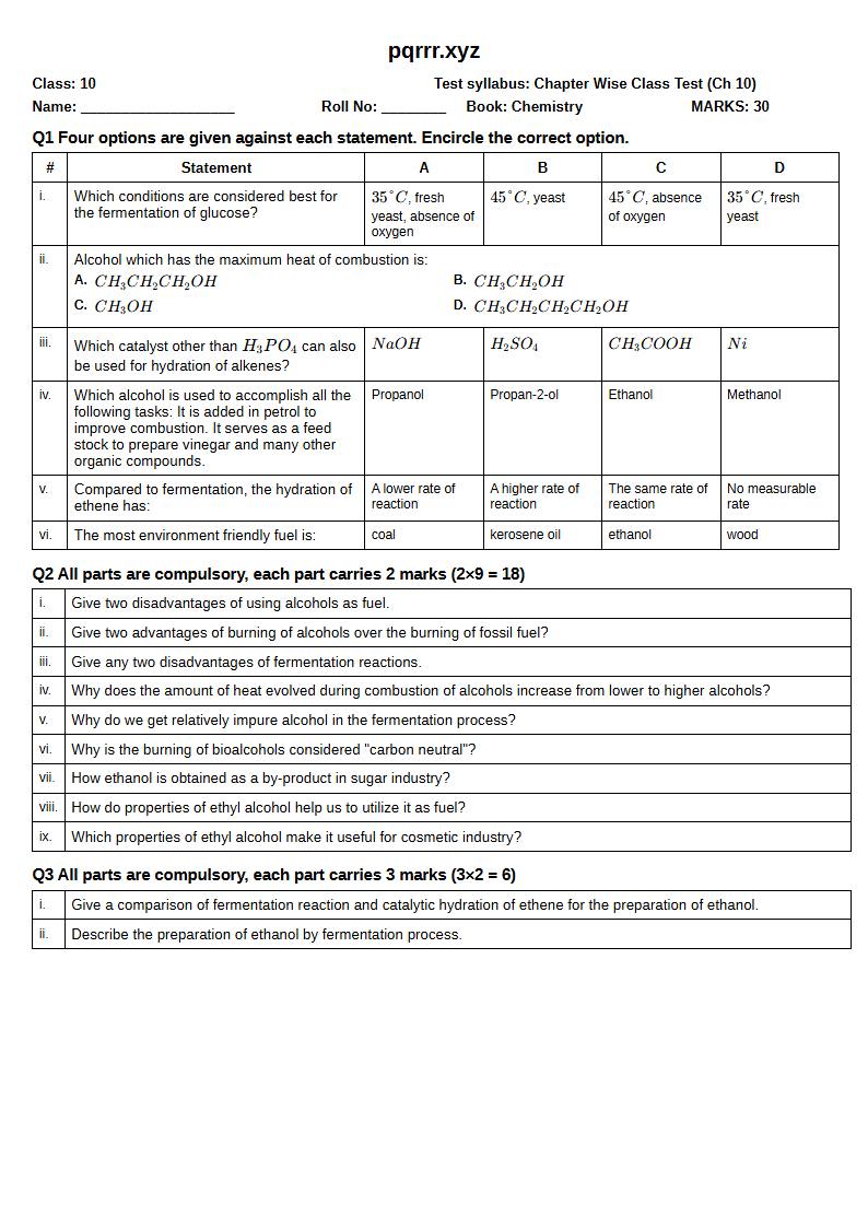 First page of 10th Chemistry – Chapter 10 – Monohydroxy Alkanes or Alcohols – Chapter Wise Class Test, 30 marks (English)