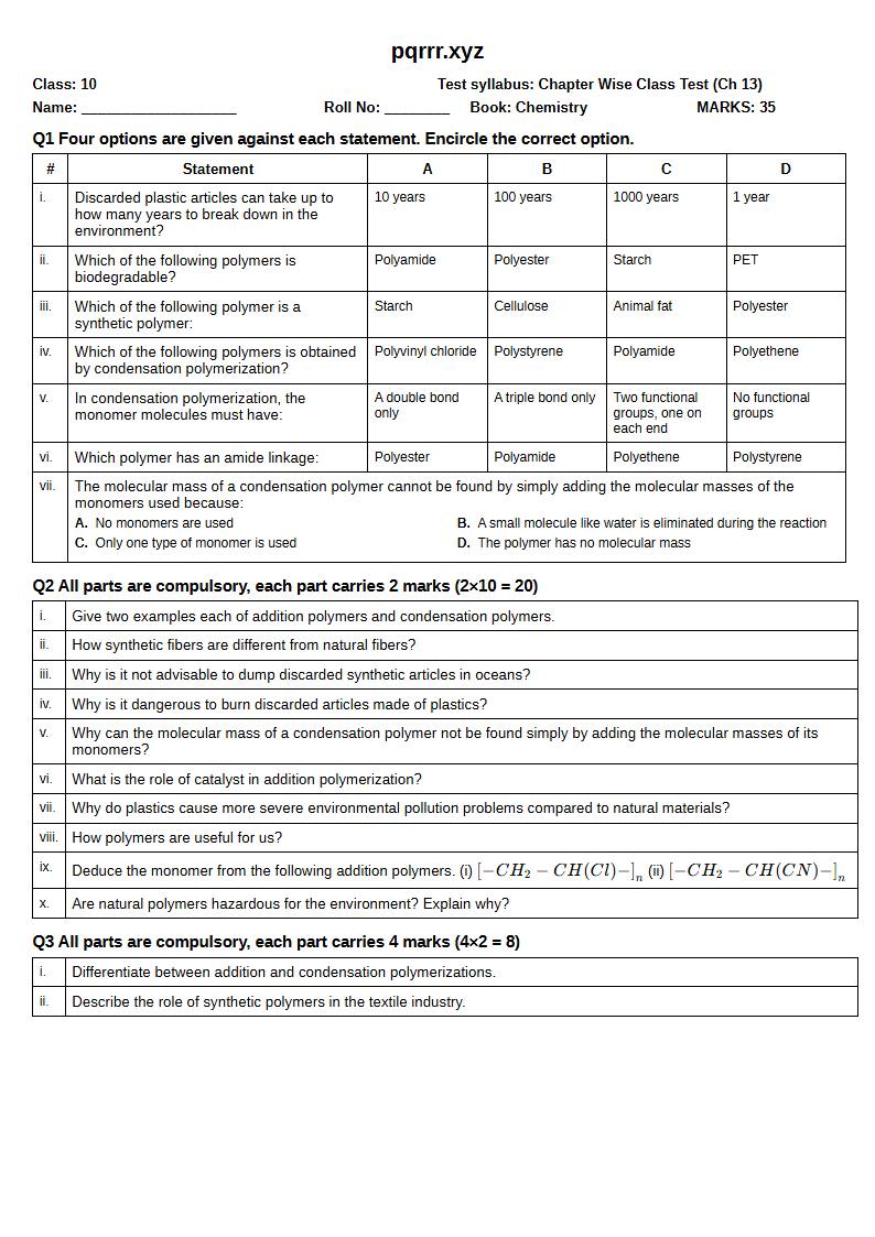 First page of 10th Chemistry – Chapter 13 – Polymers – Chapter Wise Class Test, 35 marks (English)