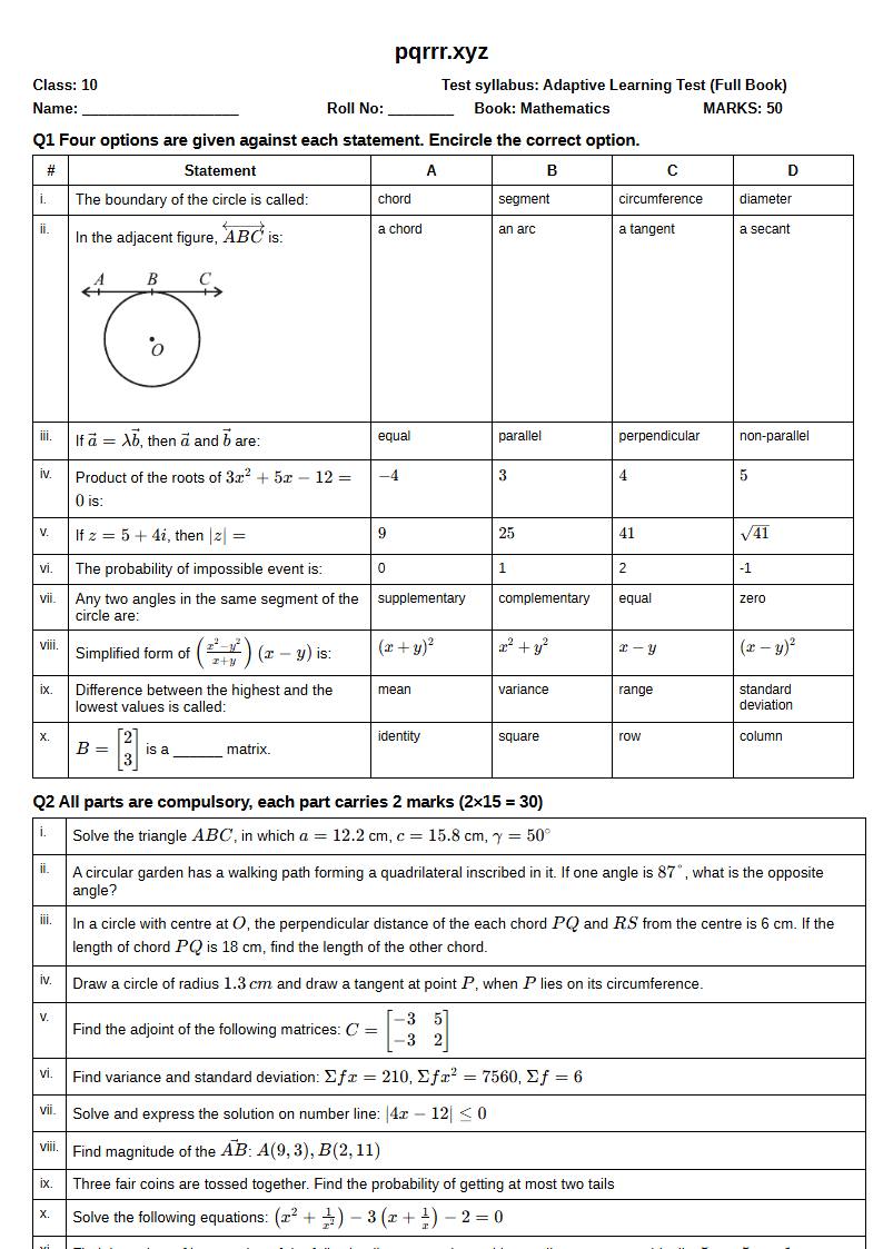 First page of 10th Mathematics – Complete book – Adaptive Learning Test, 50 marks (English)