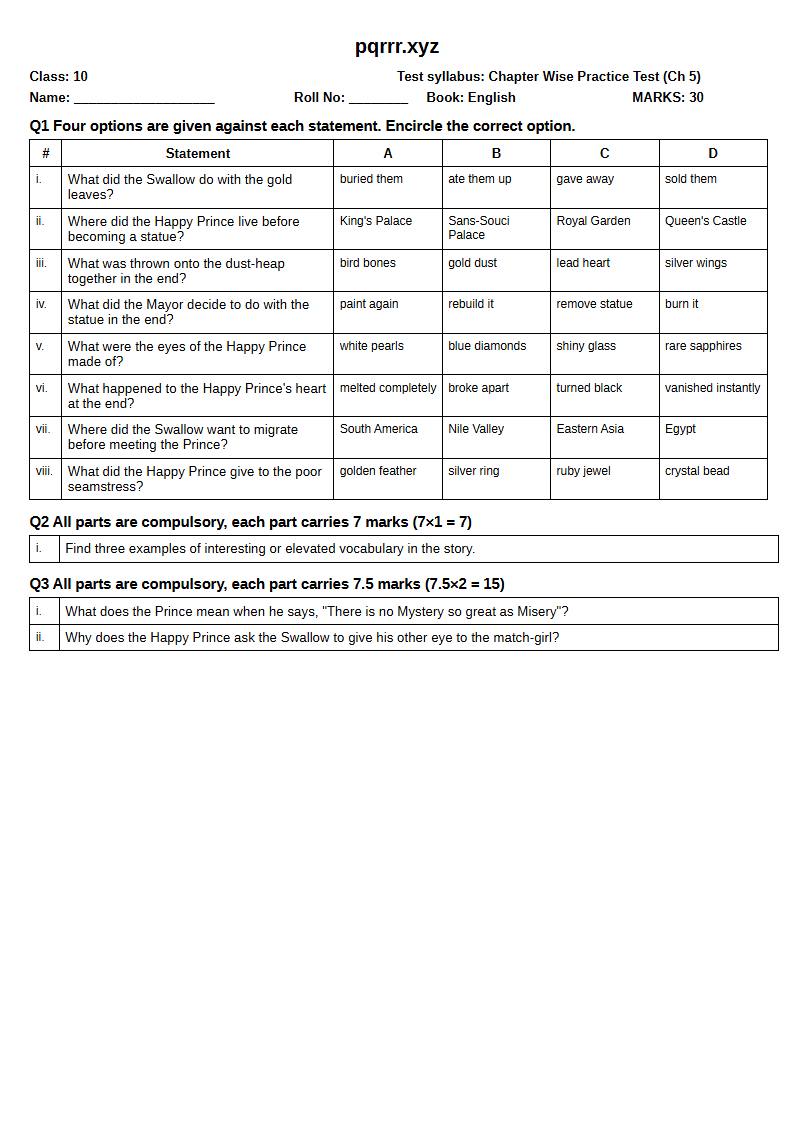First page of 10th English – Chapter 5 – The Happy Prince – Chapter Wise Practice Test, 30 marks (English)