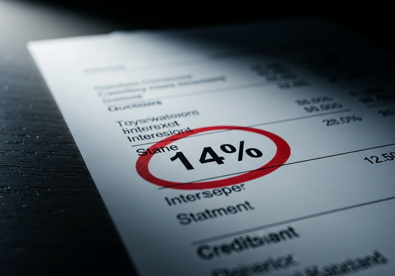 Kontoauszug mit 14% Zinsen, rot markiert