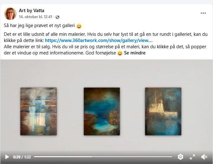 Facebook-opslag hvor en kunstner deler sit virtuelle galleri med video og link