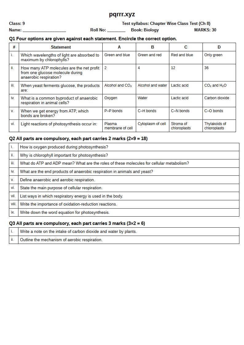 First page of 9th Biology – Chapter 8 – Bioenergetics – Chapter Wise Class Test, 30 marks (English)