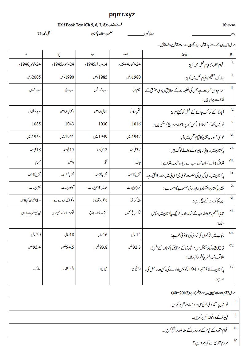 First page of 10th Pak Studies – Half book (Chapters 5–8) – Half Book Test, 75 marks (Urdu)