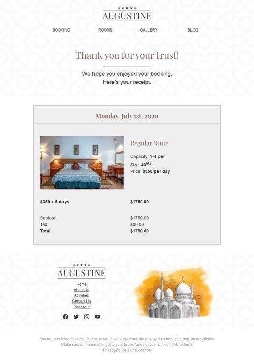 Transactional Email Template «Enjoyed your booking» for Hotels industry