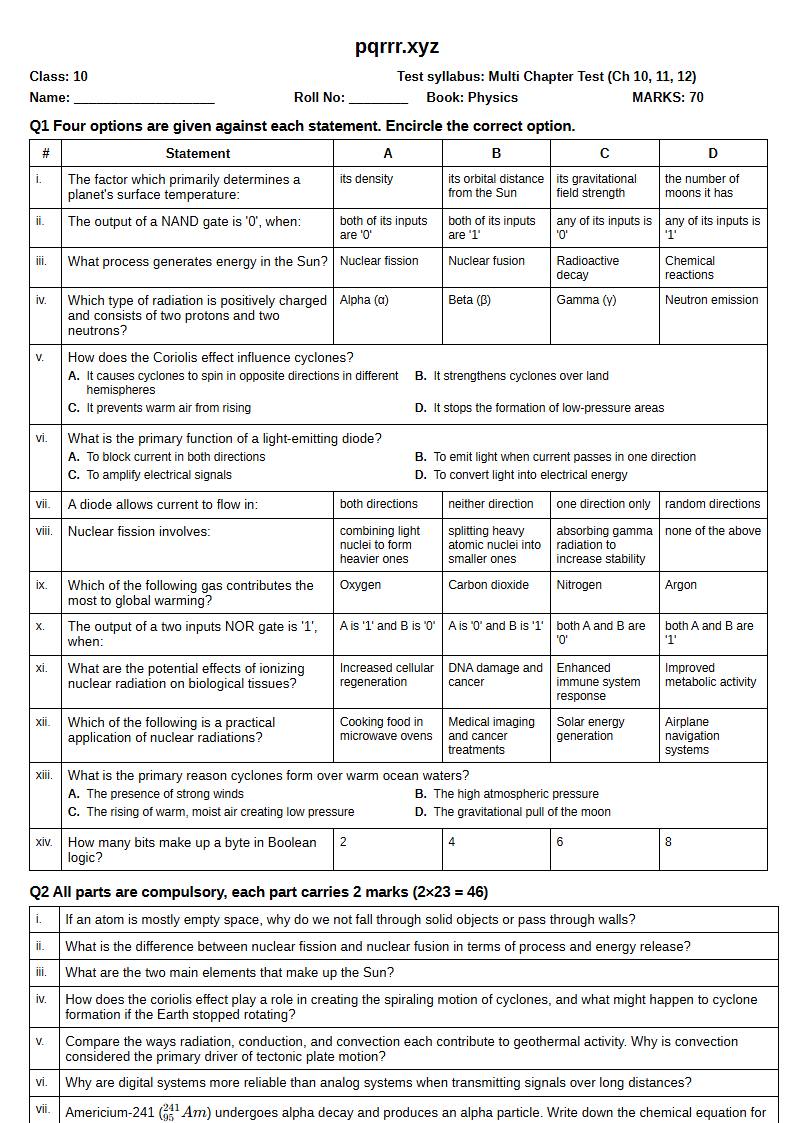 First page of 10th Physics – Chapters 10–12 – Multi Chapter Test, 70 marks (English)