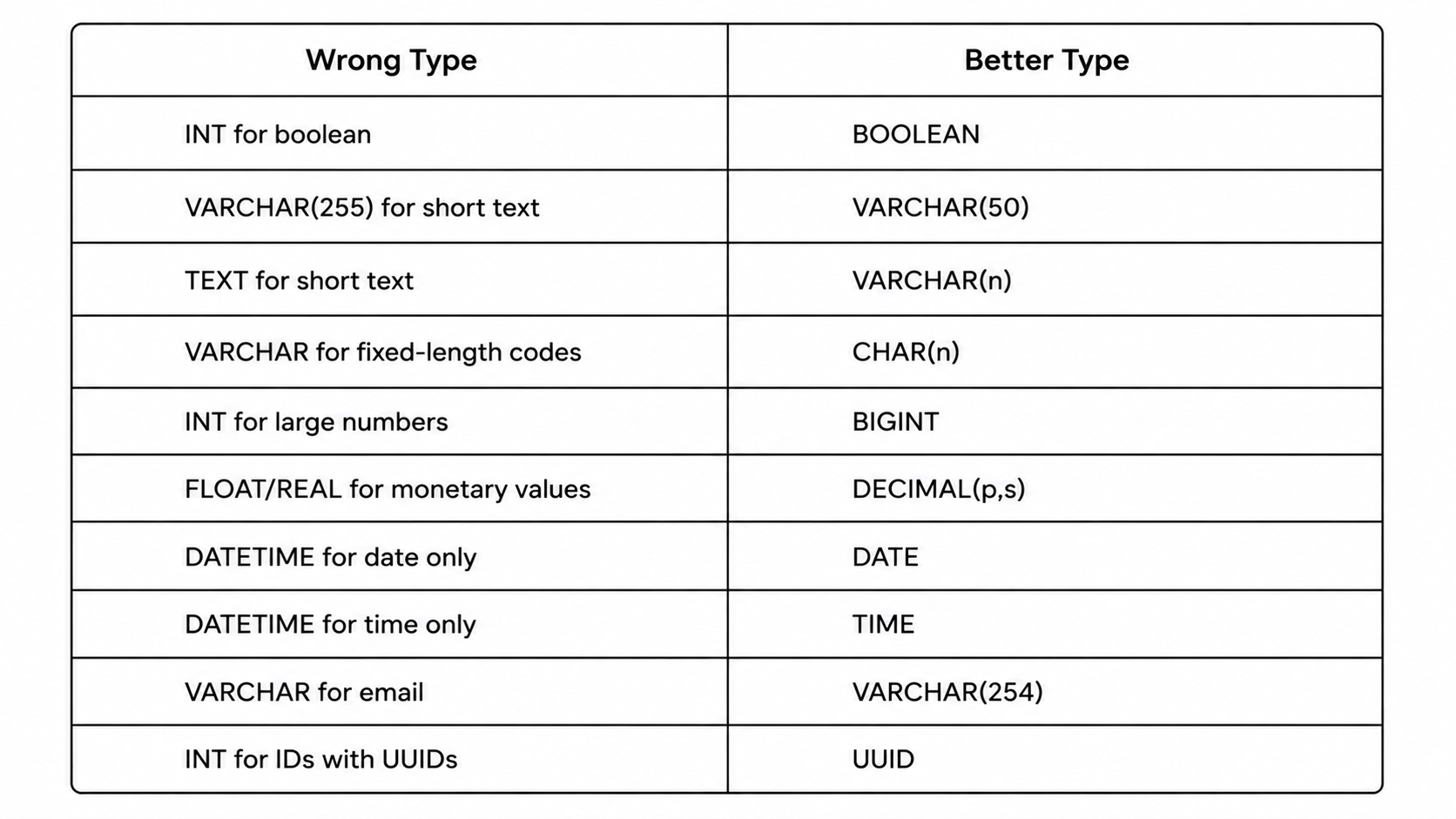 Data Type Comparison Table