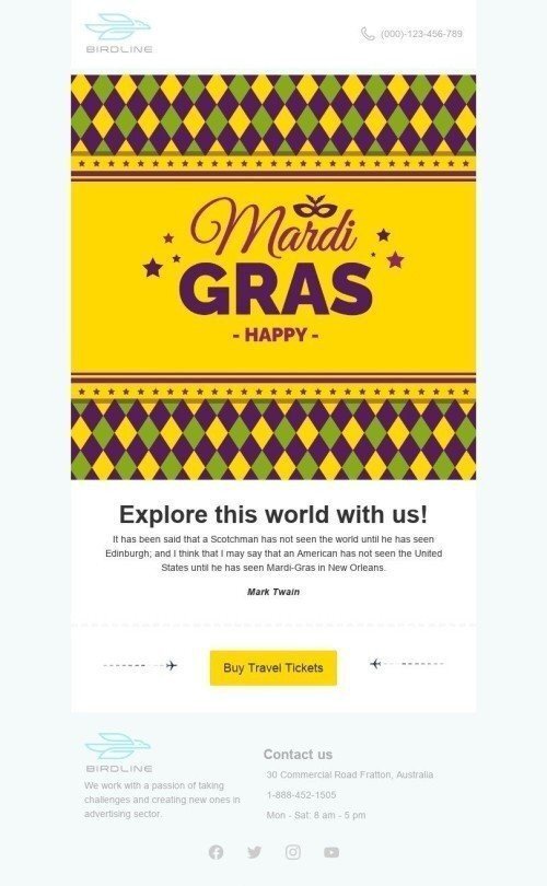 Mardi Gras Email Template «Buy travel tickets» for Travel industry