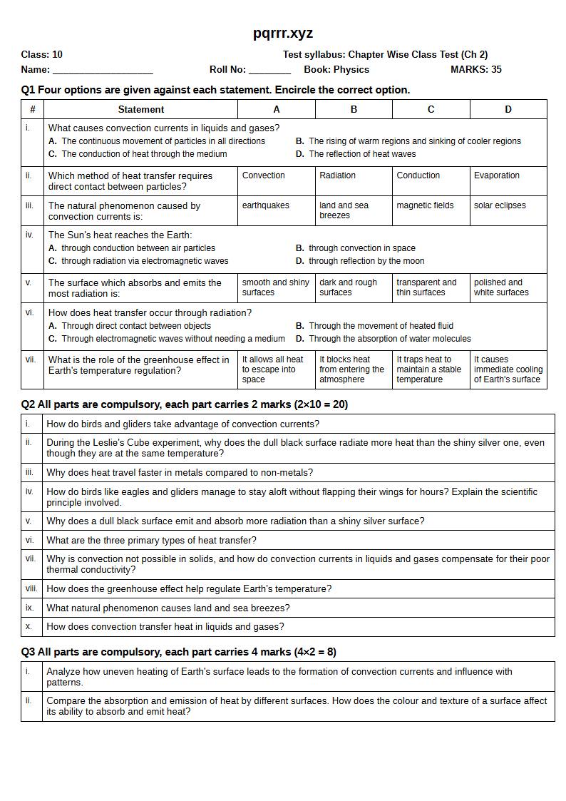 First page of 10th Physics – Chapter 2 – Transfer of Thermal Energy – Chapter Wise Class Test, 35 marks (English)