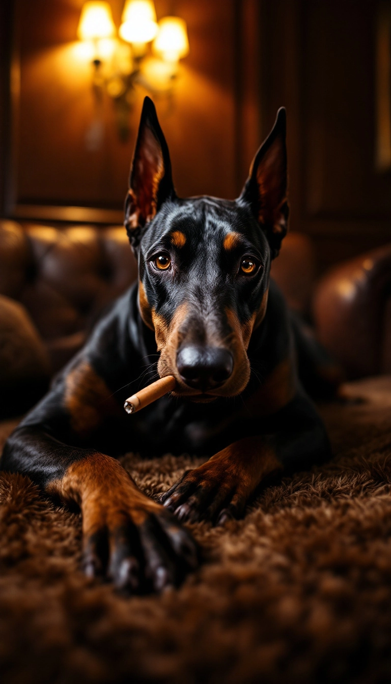 anthro doberman (head of doberman, body of muscular man) Sleek, tall, confident. Sharp cropped ears, a cigarette lazily held between two fingers. Open white shirt with a slight sheen, unbuttoned all the way to the waist. Tight tailored pants  and golden rings.
lying on the floor, 1970s, manspreading like he owns the room. looking straight at the viewer, amused.
Dim-lit lounge or private hotel room,
Confident