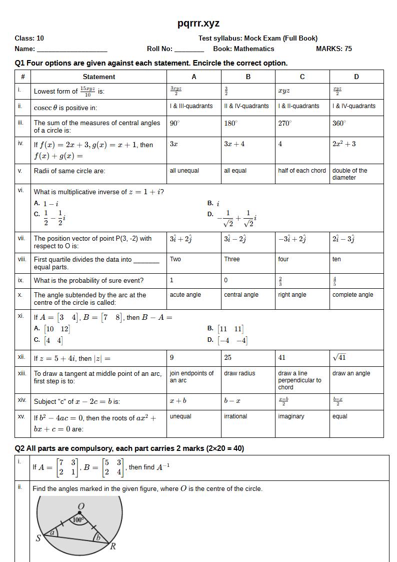 First page of 10th Mathematics – Complete book – Mock Exam, 75 marks (English)