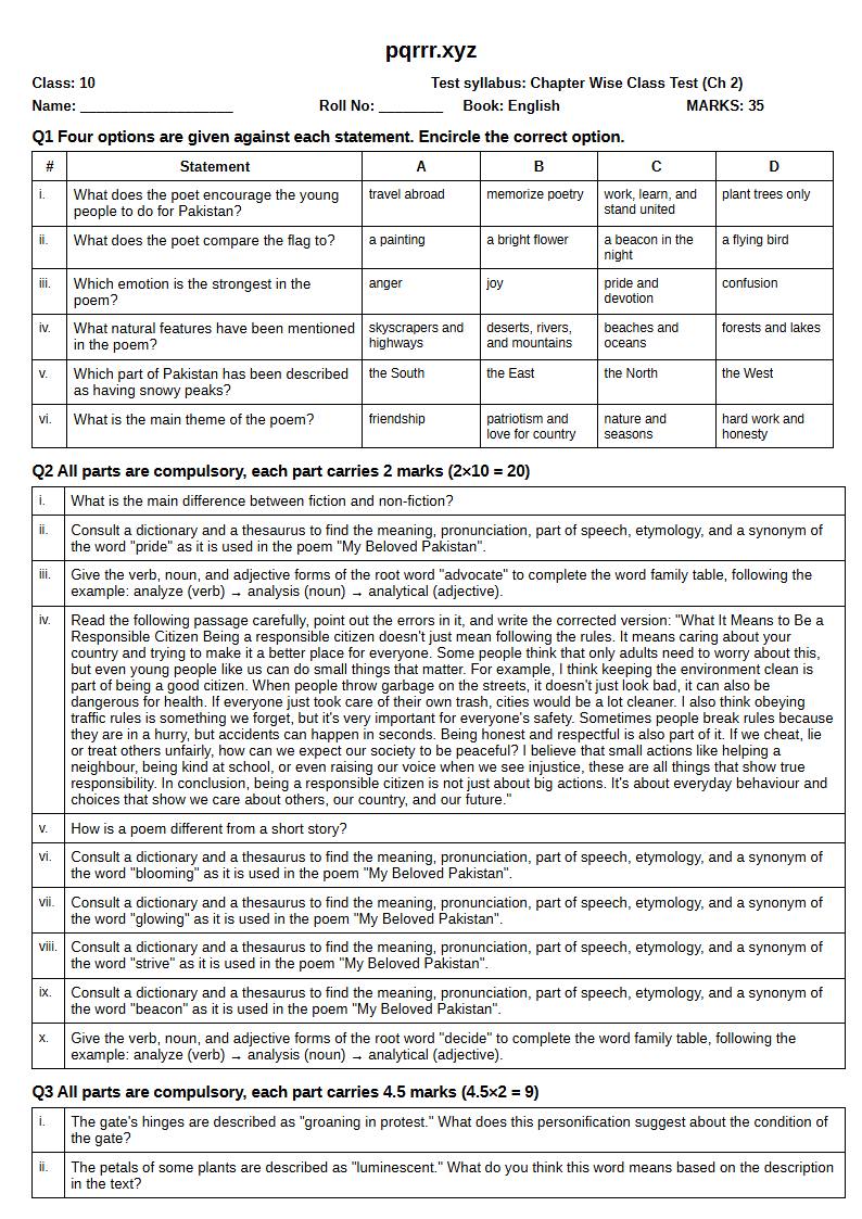 First page of 10th English – Chapter 2 – My Beloved Pakistan – Chapter Wise Class Test, 35 marks (English)