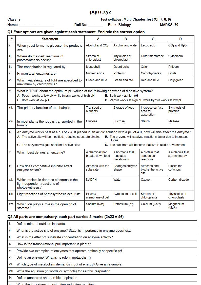 First page of 9th Biology – Chapters 7–9 – Multi Chapter Test, 70 marks (English)