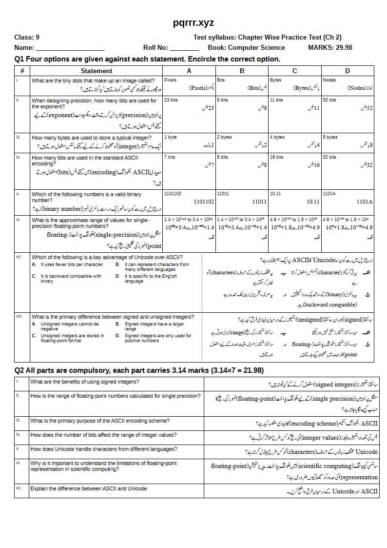 First page of 9th Computer Science – Chapter 2 – Data Representation – Chapter Wise Practice Test, 30 marks (English + Urdu)