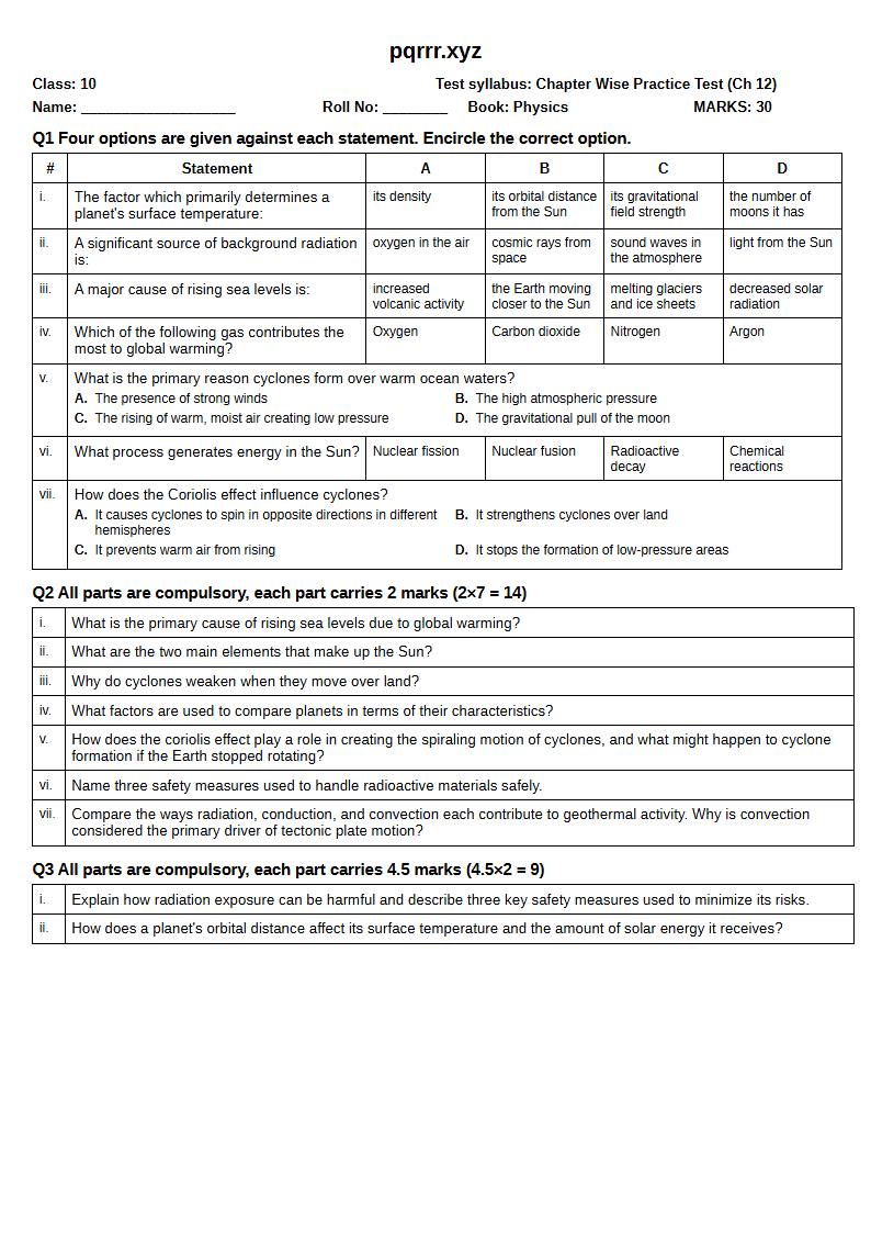 First page of 10th Physics – Chapter 12 – Space and Environment – Chapter Wise Practice Test, 30 marks (English)