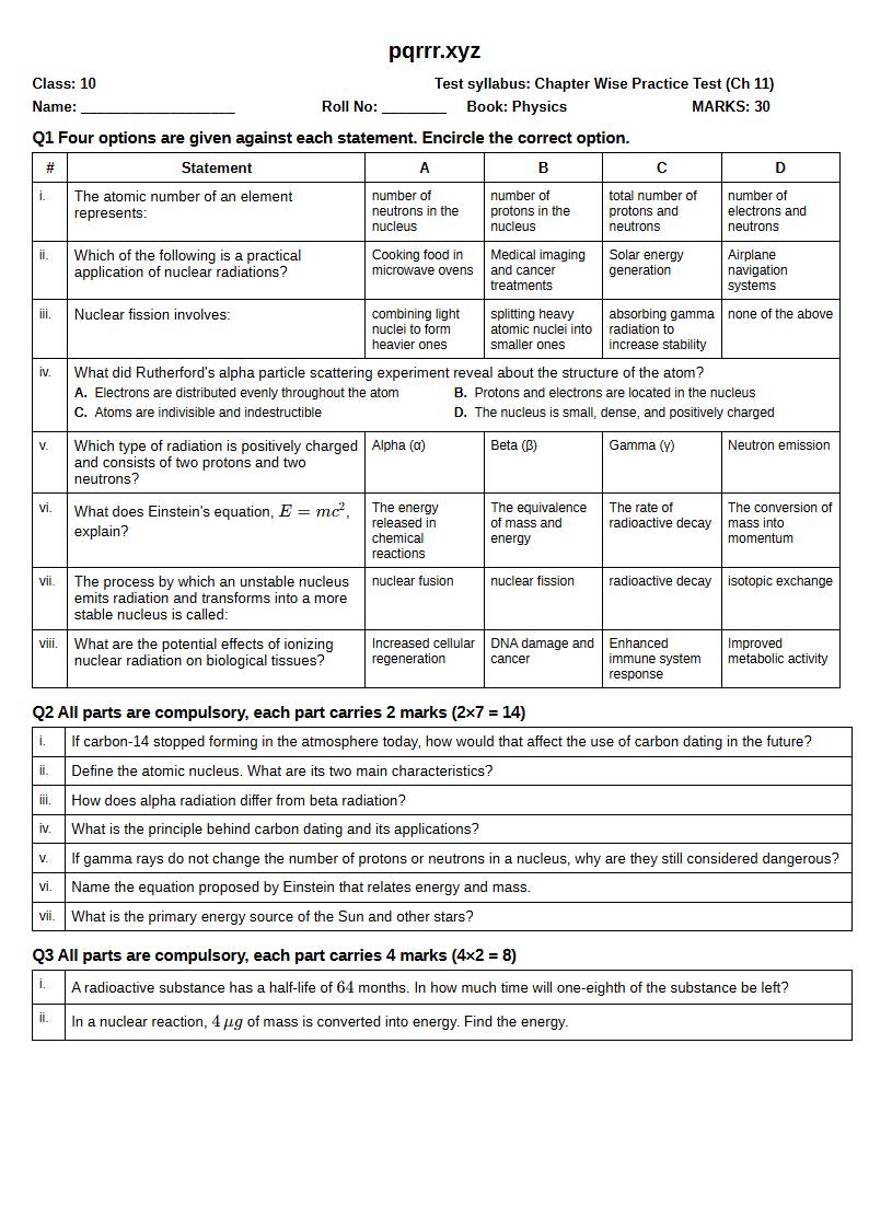 First page of 10th Physics – Chapter 11 – Atomic and Nuclear Physics – Chapter Wise Practice Test, 30 marks (English)