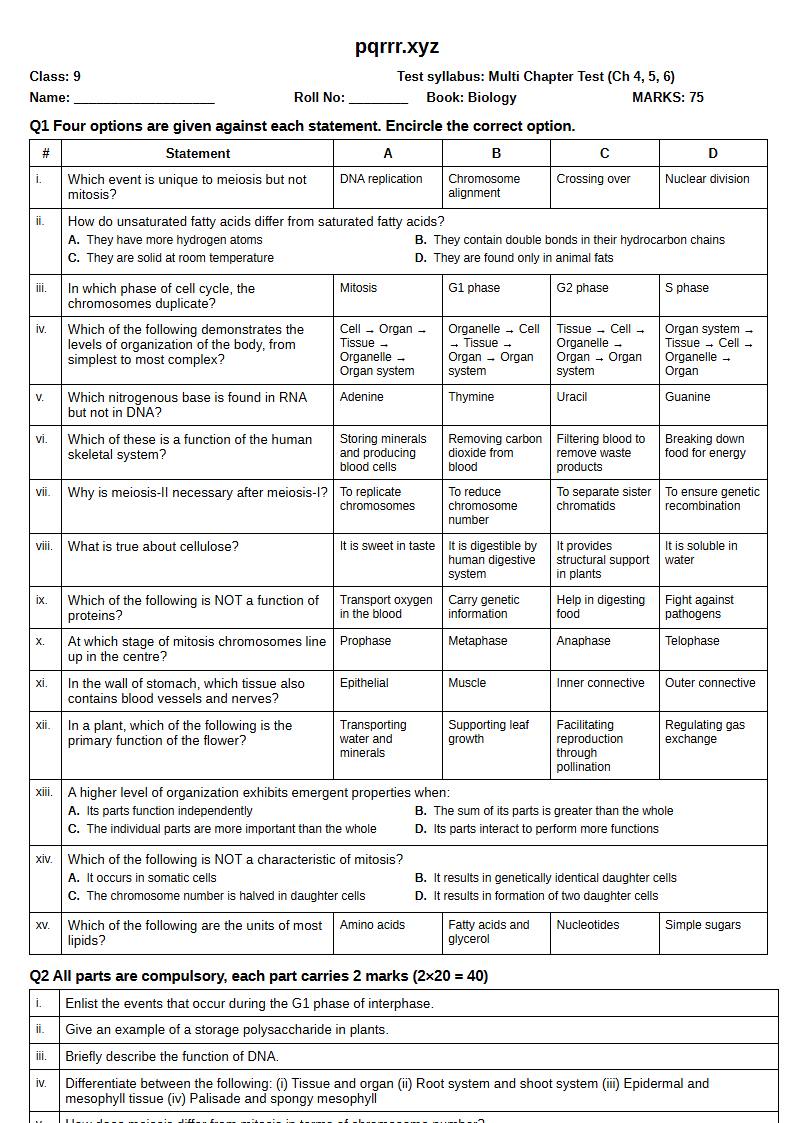 First page of 9th Biology – Chapters 4–6 – Multi Chapter Test, 75 marks (English)
