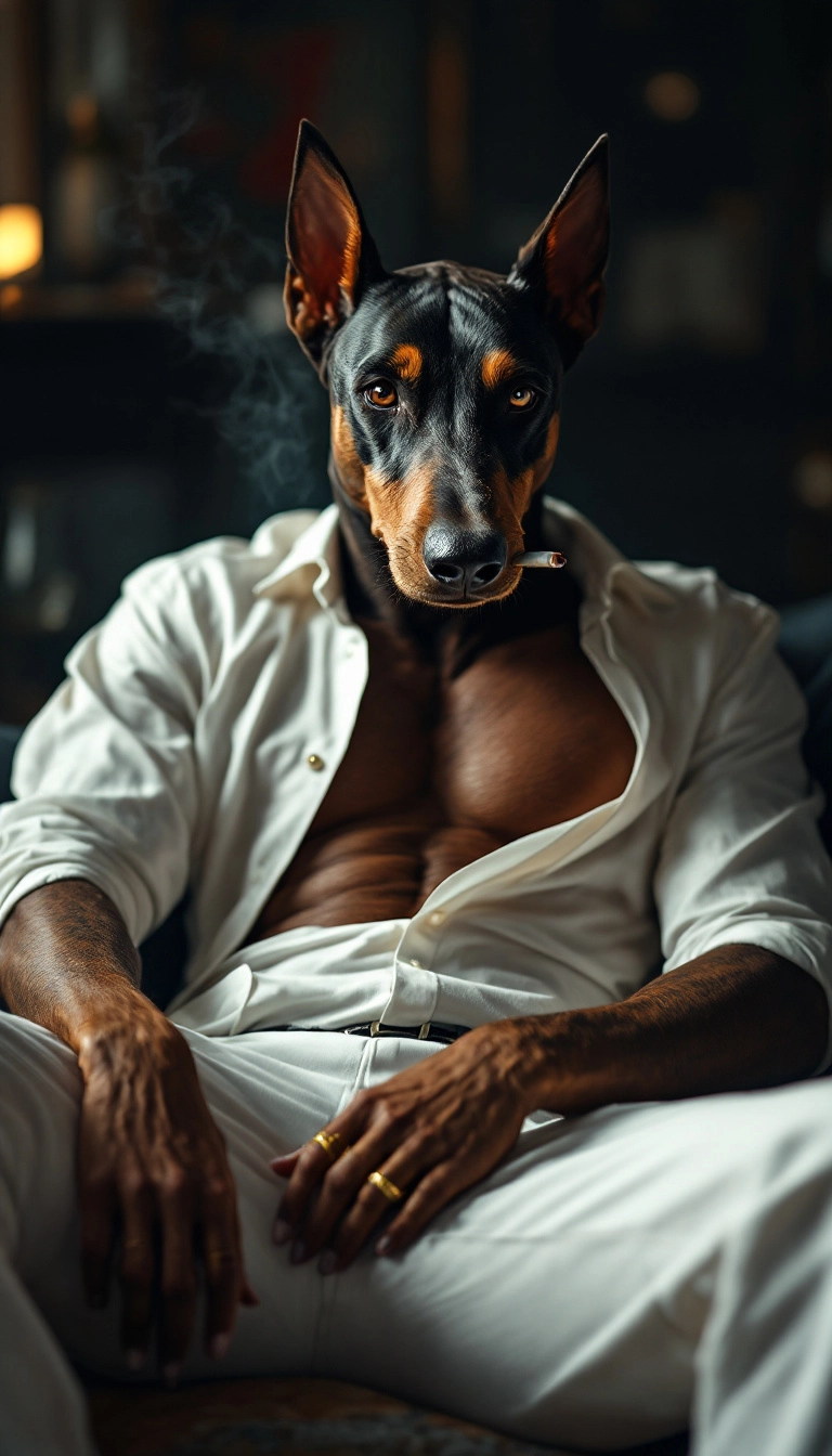 anthro doberman (head of doberman, body of muscular man) Sleek, tall, confident. Sharp cropped ears, a cigarette lazily held between two fingers. Open white shirt with a slight sheen, unbuttoned all the way to the waist. Tight tailored pants  and golden rings.
lying on the floor on his back,muscular body, 1970s, manspreading like he owns the room. looking straight at the viewer, amused.
Dim-lit lounge or private hotel room,
Confident