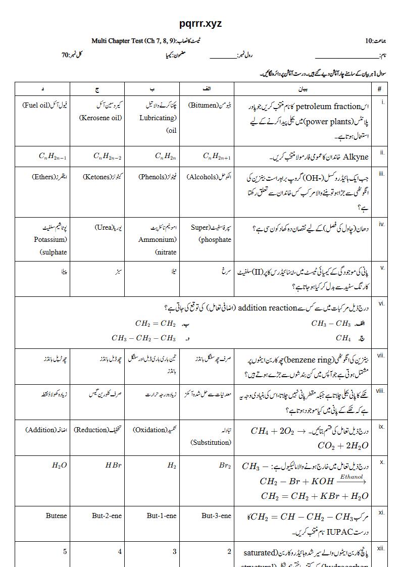 First page of 10th Chemistry – Chapters 7–9 – Multi Chapter Test, 70 marks (Urdu)
