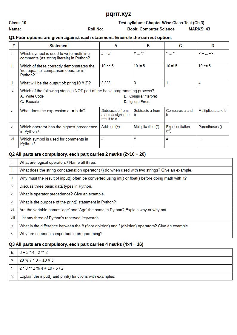 First page of 10th Computer Science – Chapter 3 – Introduction to Python Programming – Chapter Wise Class Test, 35 marks (English)