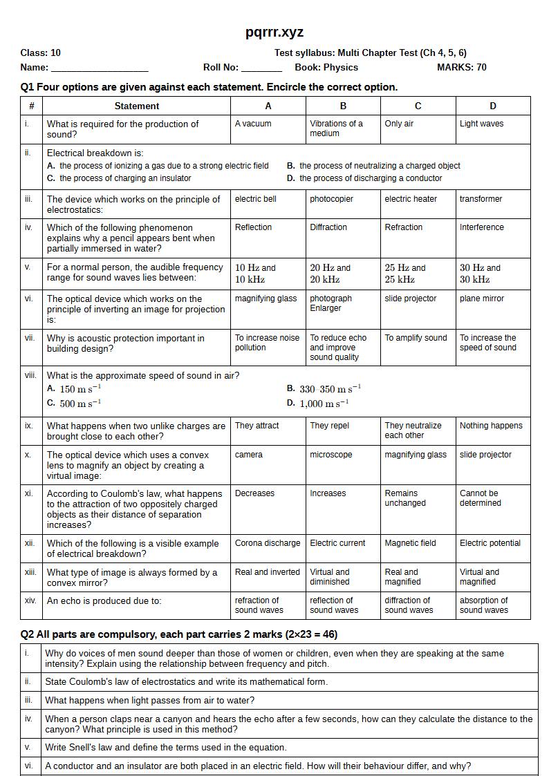 First page of 10th Physics – Chapters 4–6 – Multi Chapter Test, 70 marks (English)