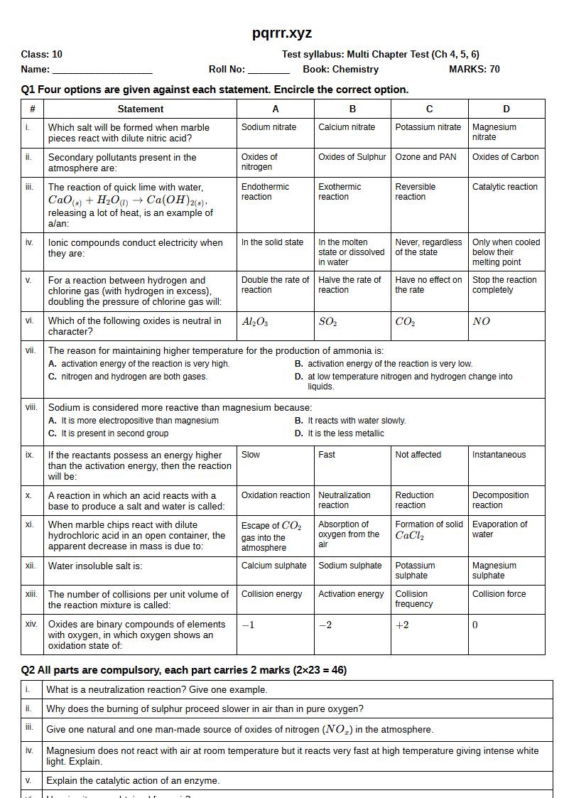First page of 10th Chemistry – Chapters 4–6 – Multi Chapter Test, 70 marks (English)