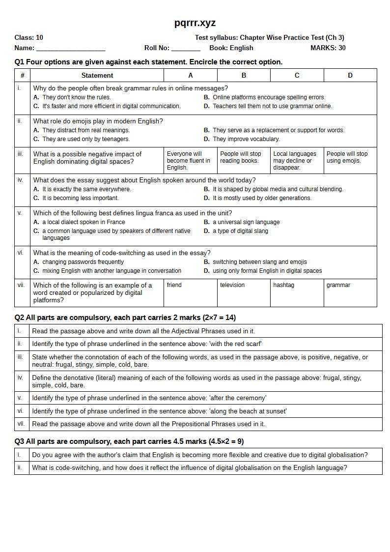 First page of 10th English – Chapter 3 – Digital Globalisation Transforming the English Language – Chapter Wise Practice Test, 30 marks (English)