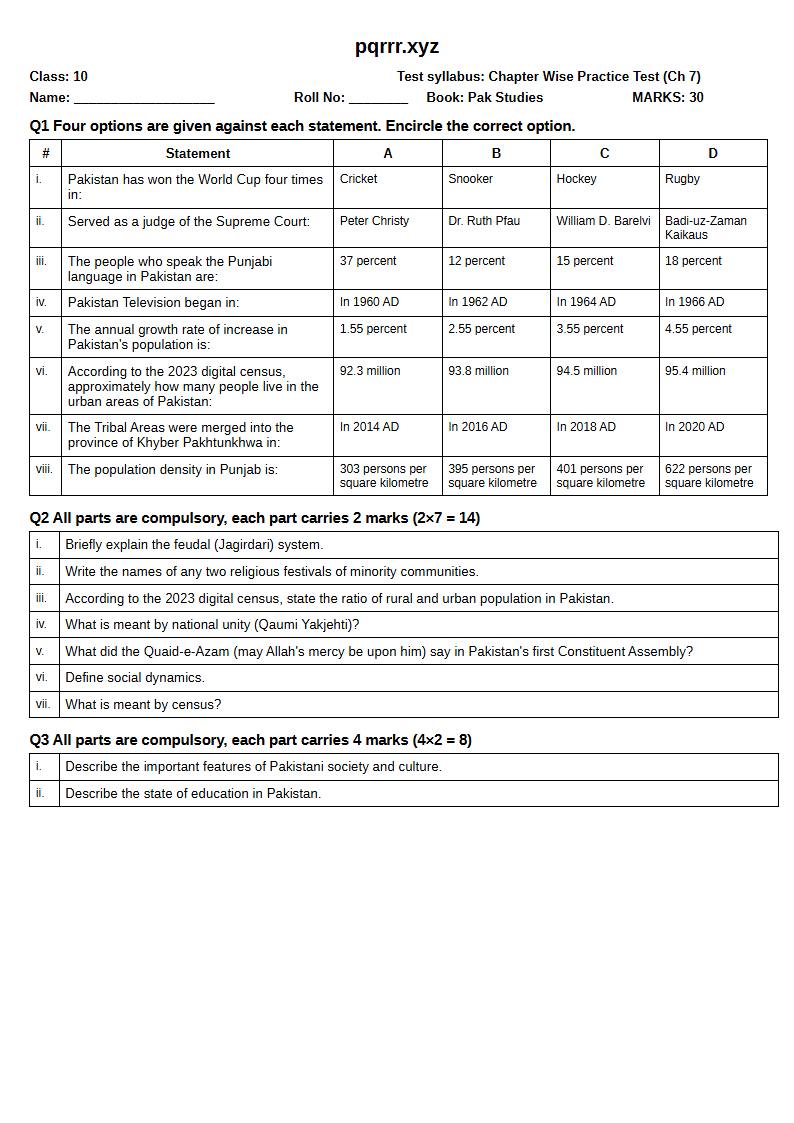 First page of 10th Pak Studies – Chapter 7 – آبادی، معاشرہ اور پاکستان میں ثقافتی تنوع – Chapter Wise Practice Test, 30 marks (English)