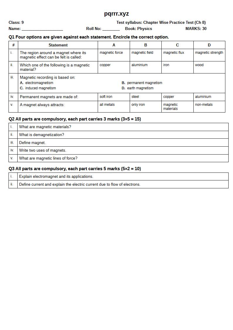 First page of 9th Physics – Chapter 8 – Magnetism – Chapter Wise Practice Test, 30 marks (English)