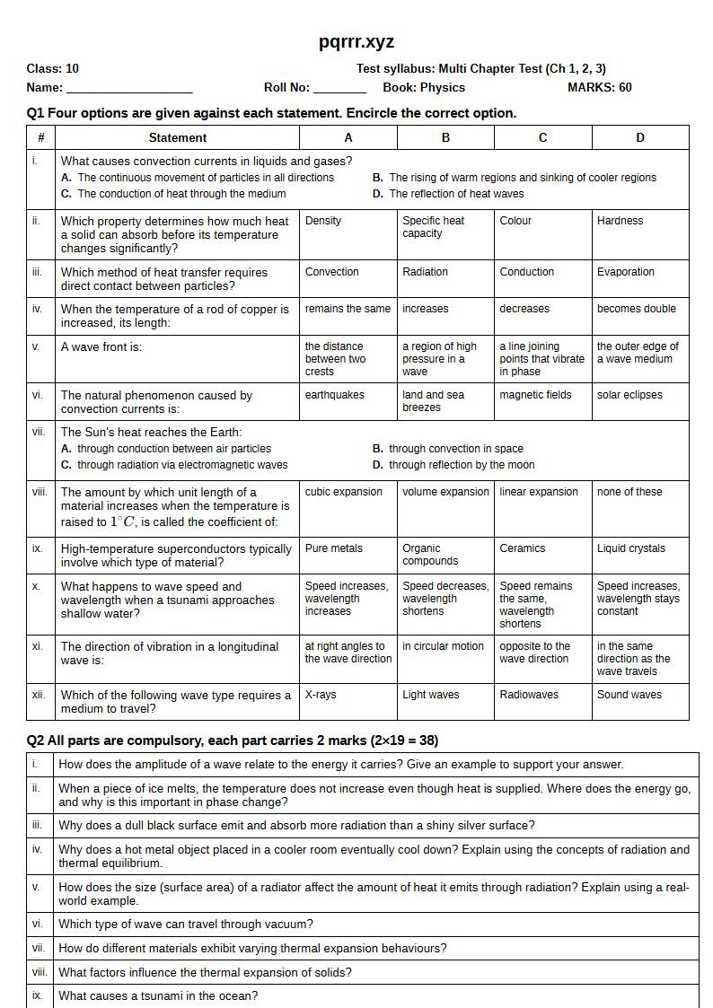 First page of 10th Physics – Chapters 1–3 – Multi Chapter Test, 60 marks (English)