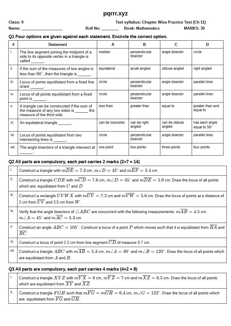First page of 9th Mathematics – Chapter 11 – Loci and Construction – Chapter Wise Practice Test, 30 marks (English)
