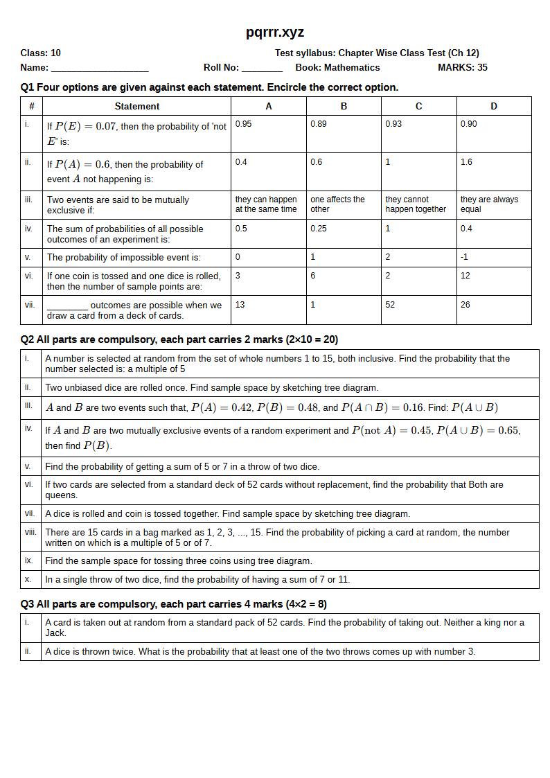 First page of 10th Mathematics – Chapter 12 – Probability – Chapter Wise Class Test, 35 marks (English)