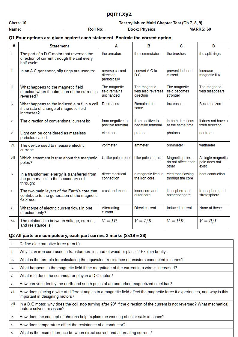 First page of 10th Physics – Chapters 7–9 – Multi Chapter Test, 60 marks (English)
