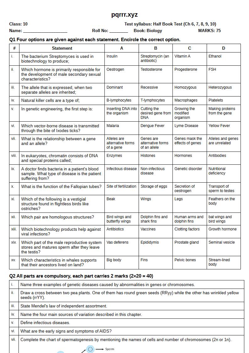 First page of 10th Biology – Half book (Chapters 6–10) – Half Book Test, 75 marks (English)