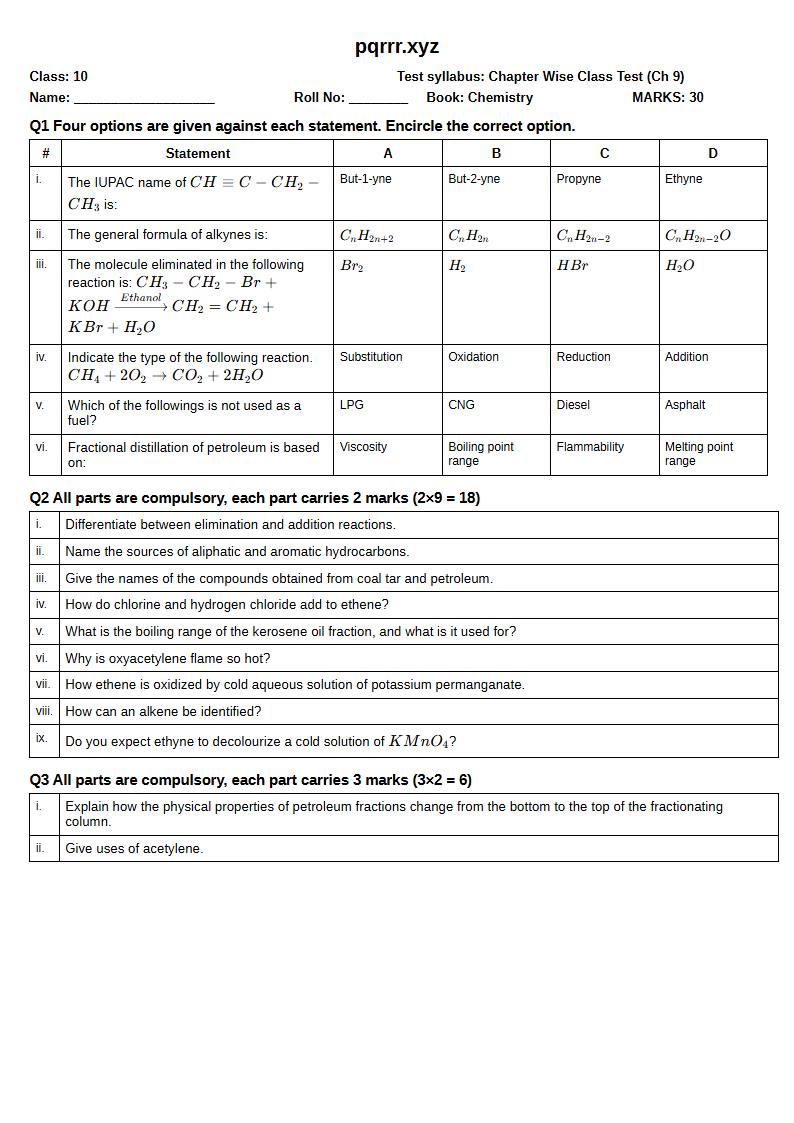 First page of 10th Chemistry – Chapter 9 – Hydrocarbons – Chapter Wise Class Test, 30 marks (English)