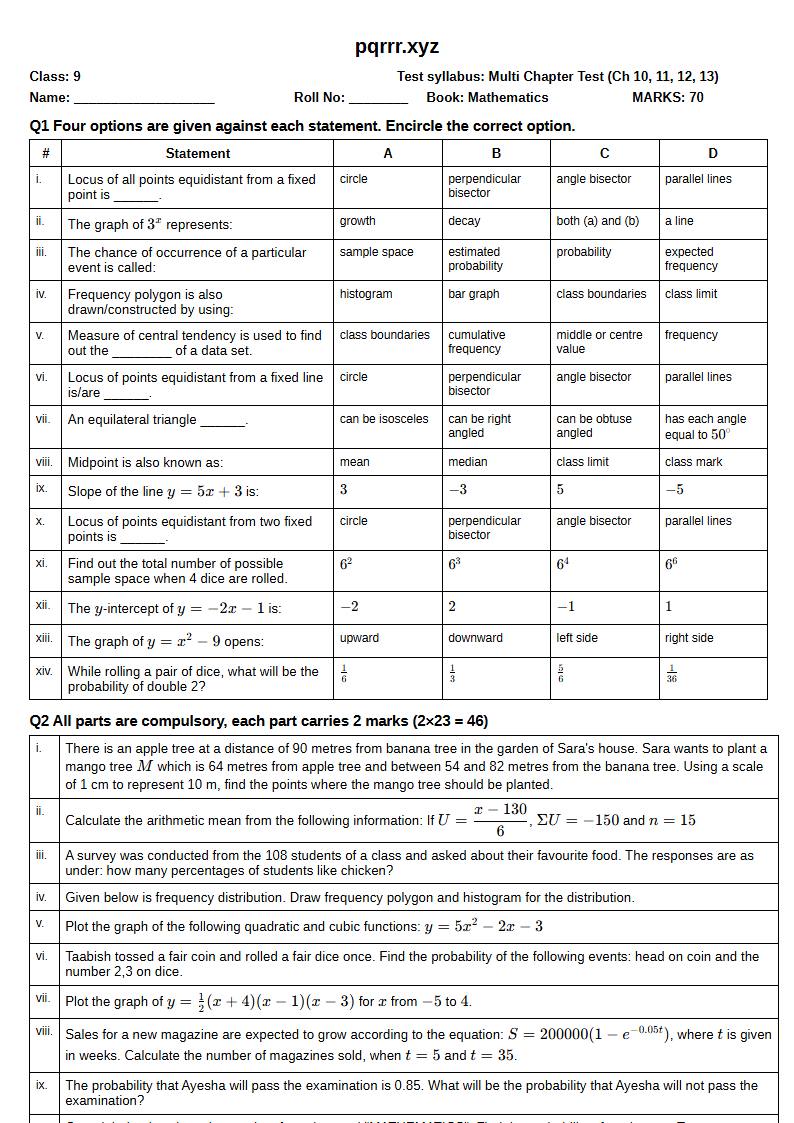 First page of 9th Mathematics – Chapters 10–13 – Multi Chapter Test, 70 marks (English)
