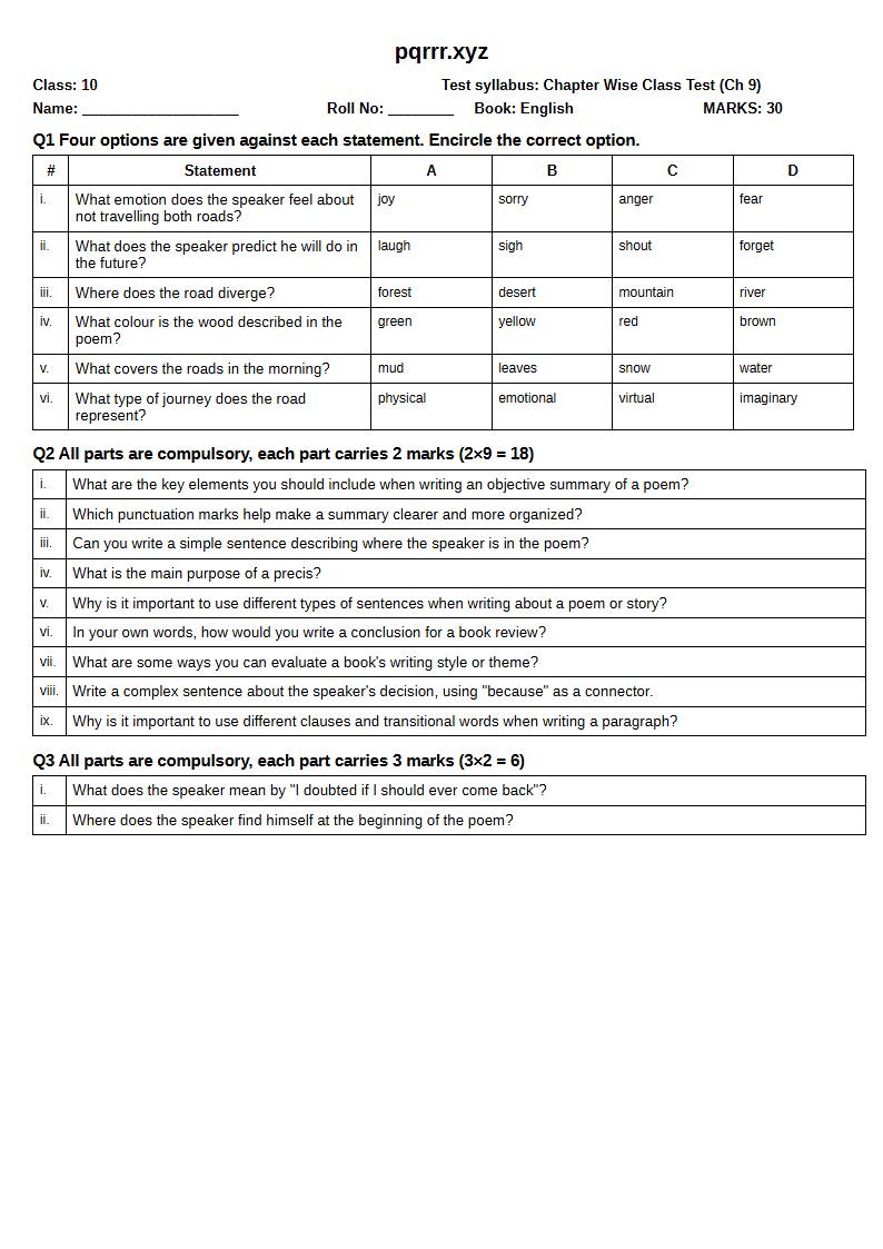 First page of 10th English – Chapter 9 – The Road Not Taken – Chapter Wise Class Test, 30 marks (English)