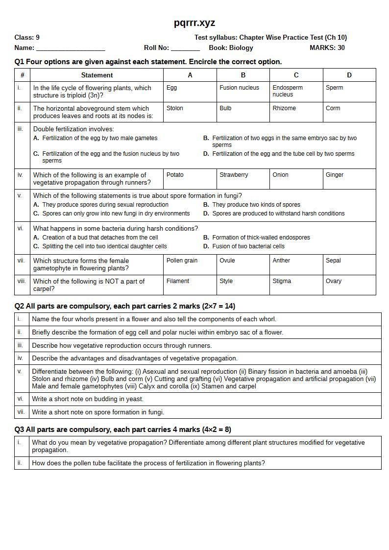 First page of 9th Biology – Chapter 10 – Reproduction in Plants – Chapter Wise Practice Test, 30 marks (English)