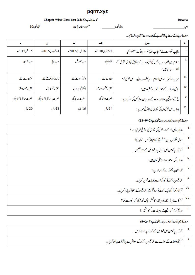 First page of 10th Pak Studies – Chapter 8 – پاکستان میں خواتین کو بااختیار بنانا – Chapter Wise Class Test, 30 marks (Urdu)