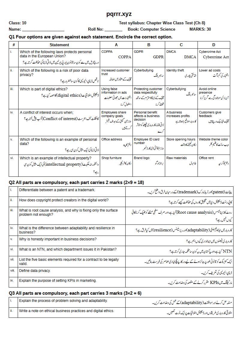 First page of 10th Computer Science – Chapter 8 – Digital Entrepreneurship – Chapter Wise Class Test, 30 marks (English + Urdu)