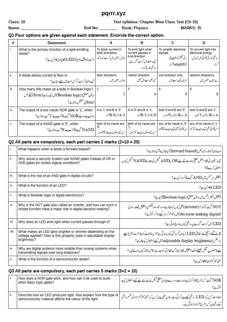 First page of 10th Physics – Chapter 10 – Electronics – Chapter Wise Class Test, 35 marks (English + Urdu)