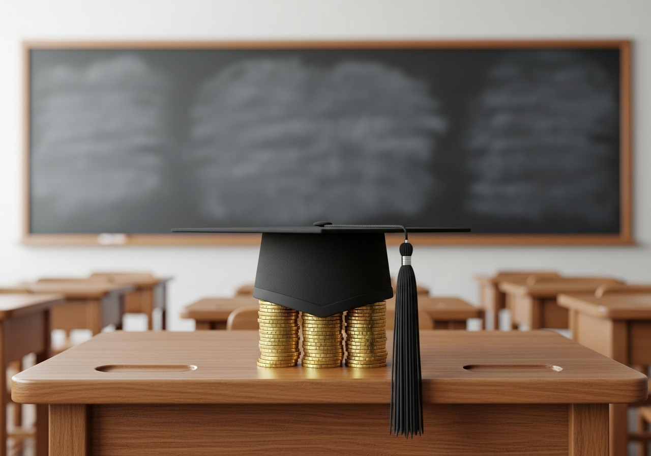 Absolventenhut auf Goldmünzenstapel im Klassenzimmer