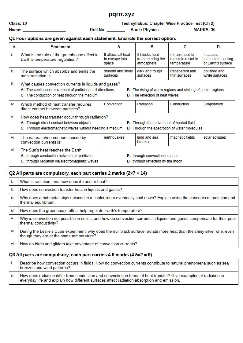 First page of 10th Physics – Chapter 2 – Transfer of Thermal Energy – Chapter Wise Practice Test, 30 marks (English)
