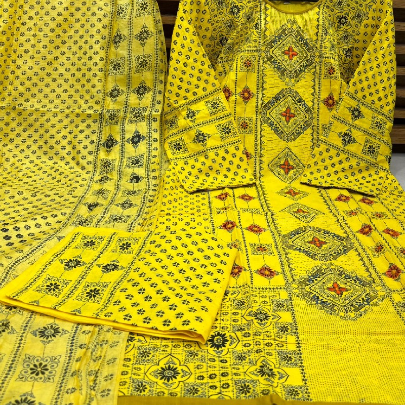 Slab Cotton Deep Yellow Color with Black Embroidery Work Threepieces - Slab Cotton Deep Yellow Color with Black Embroidery Work Threepieces