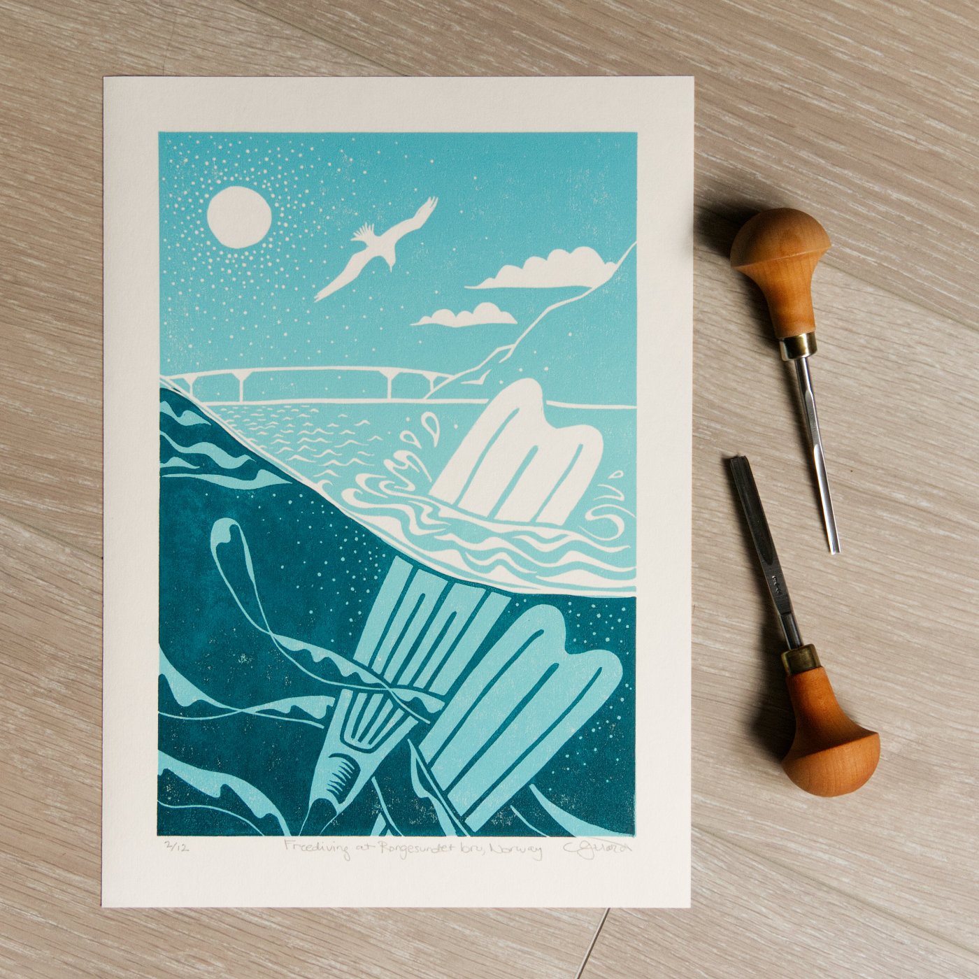 Freediving at Rongesundet bru - Original linocut print