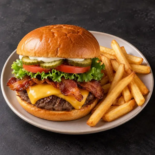 AI-generated illustration of the bacon cheeseburger with fries