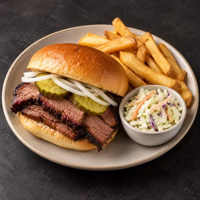 AI-generated illustration of the brisket sandwich with coleslaw and fries