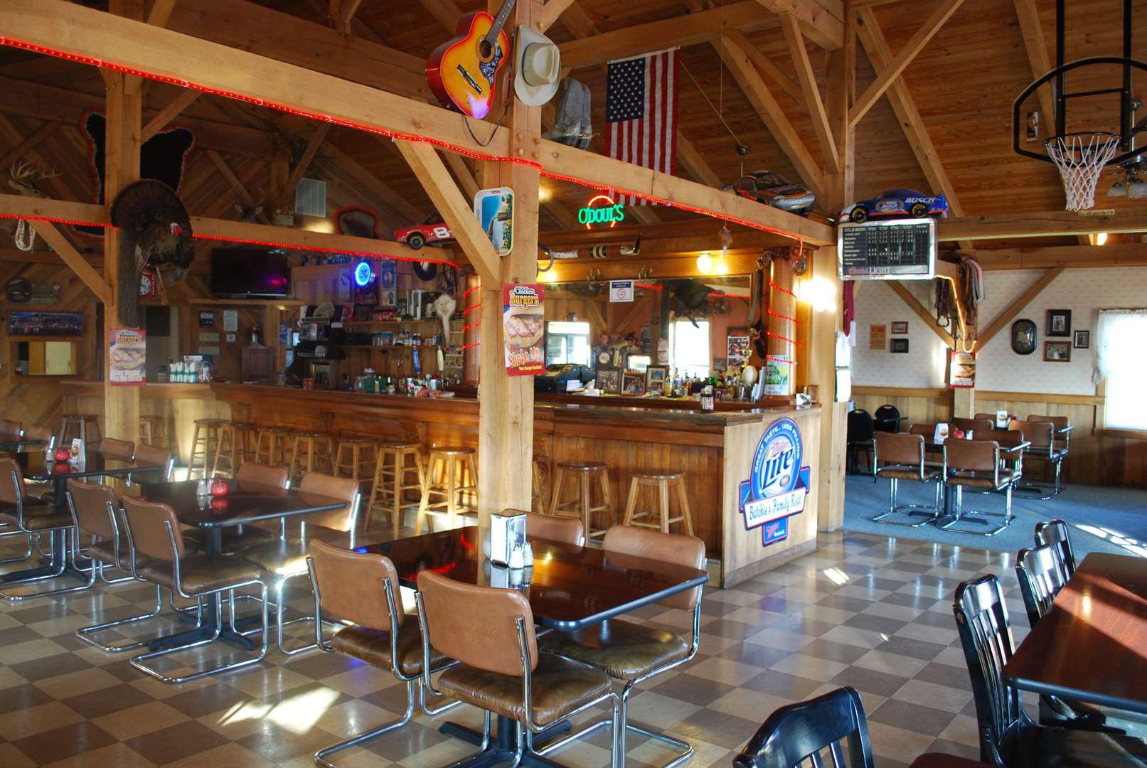 The real timber-frame bar room inside 5353 Main Street, Dubois