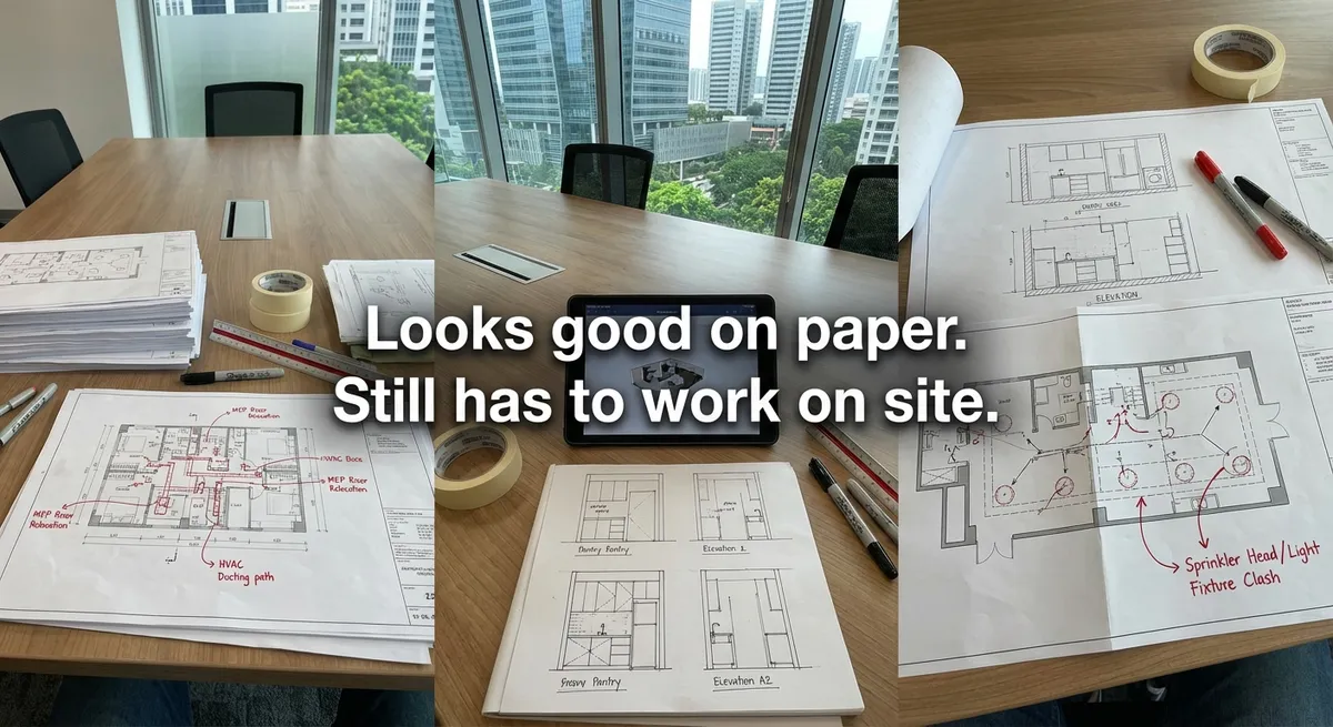 Singapore commercial office renovation planning table with layout, pantry, MEP, and ceiling coordination drawings.
